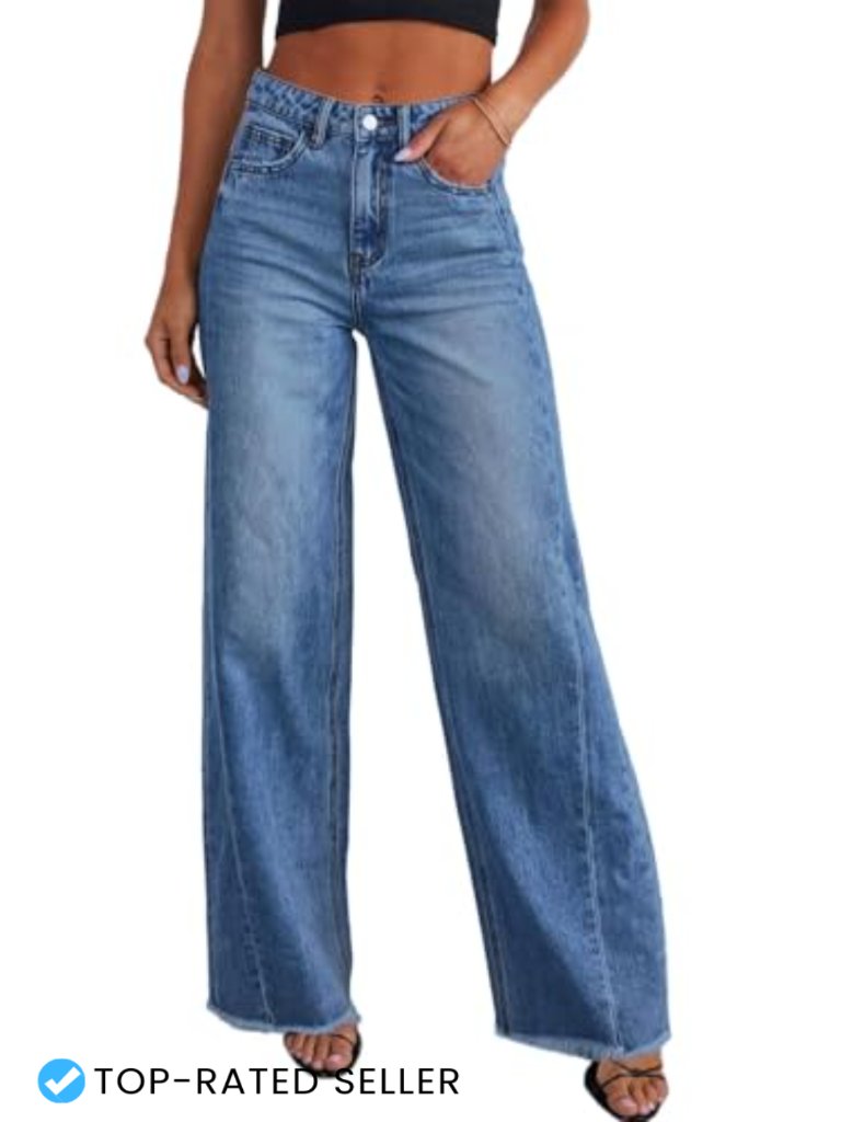 Women's Wide Leg Jeans High Waisted Baggy Boyfriend Fit Raw Hem Side Seam